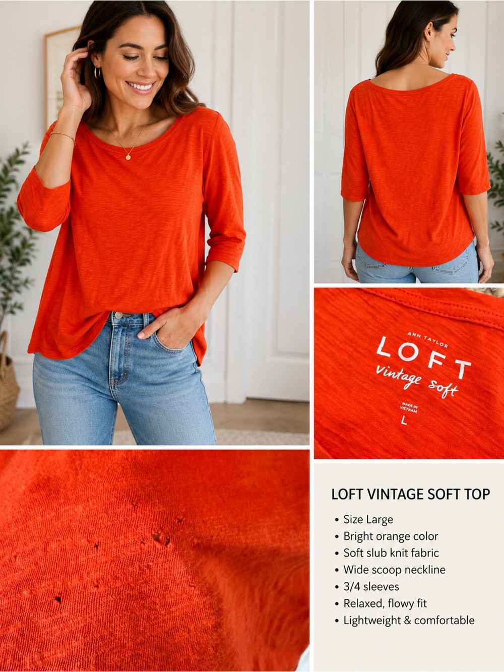 LOFT Bright Orange Vintage Soft Scoop-Neck Long Sleeve Tee